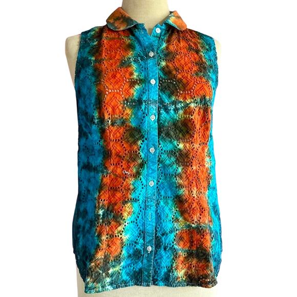Womens Top Size  Medium Orange Blue Tie Dye Button Up Collared Tank Boho Hippie - Picture 1 of 8